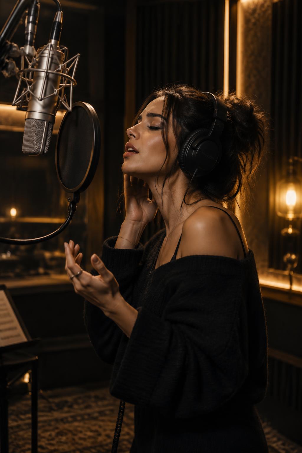 Recording artist performing at a microphone in a professional vocal booth