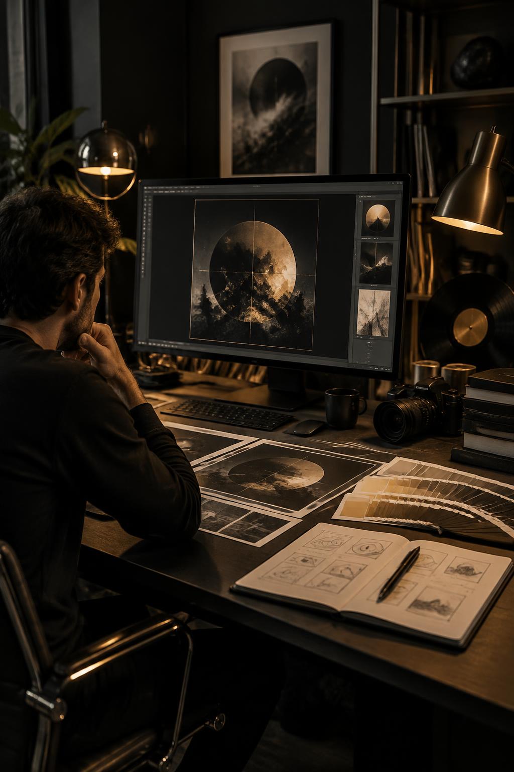 Creative director developing album artwork at a graphic design workspace