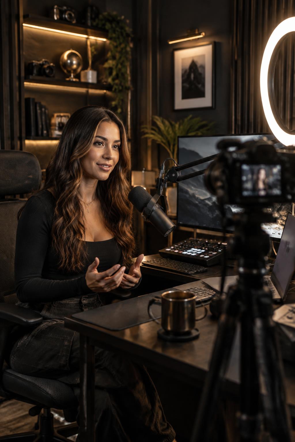 Content creator broadcasting from a professional camera and lighting setup