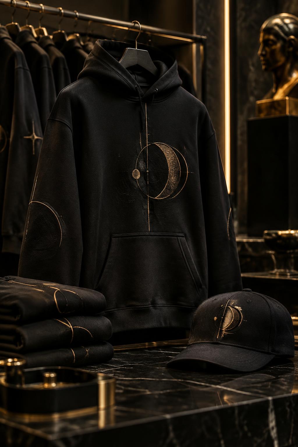 Premium black streetwear with subtle gold embroidered detailing