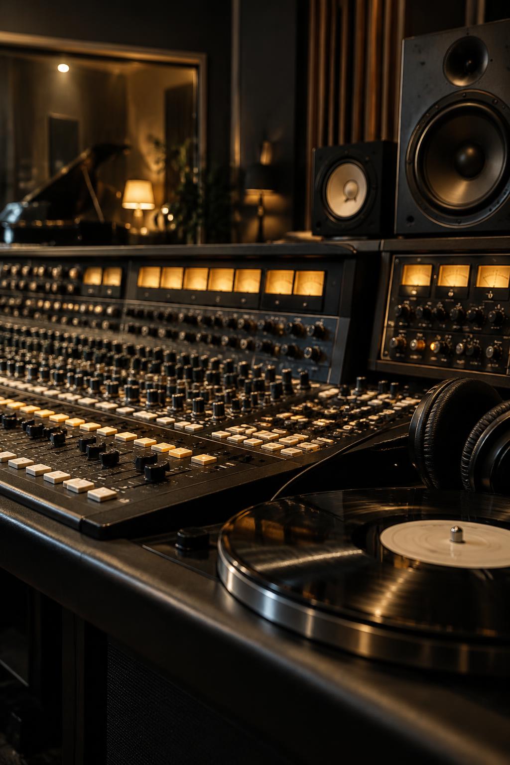 Professional analog mixing console and vinyl record in a music studio