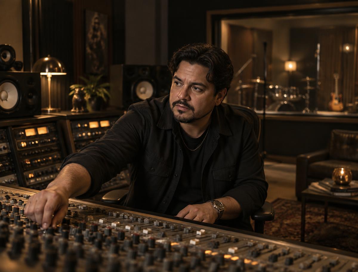 Elena Cruz, Lead Audio Producer and Engineer, at a professional studio mixing console
